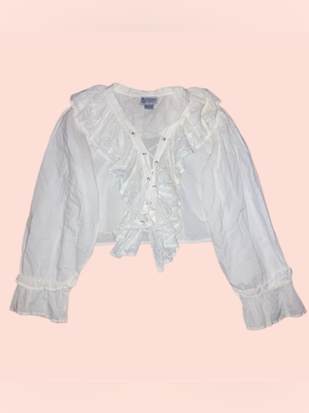 Vintage White Cotton Ruffle Lace-Up Cropped Blouse